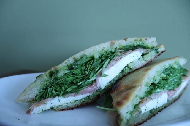 Prosciutto Mozzarella Arugula Sandwich.