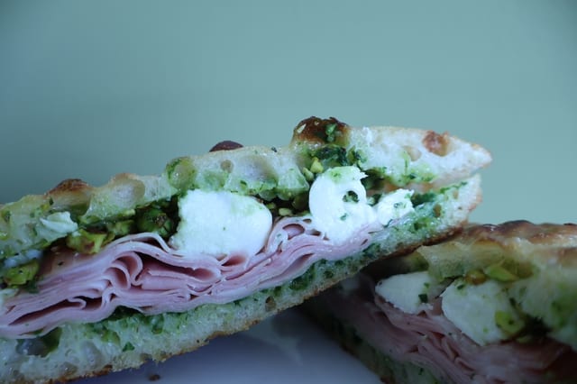 Mortadella Burrata Pistachio Sandwich.